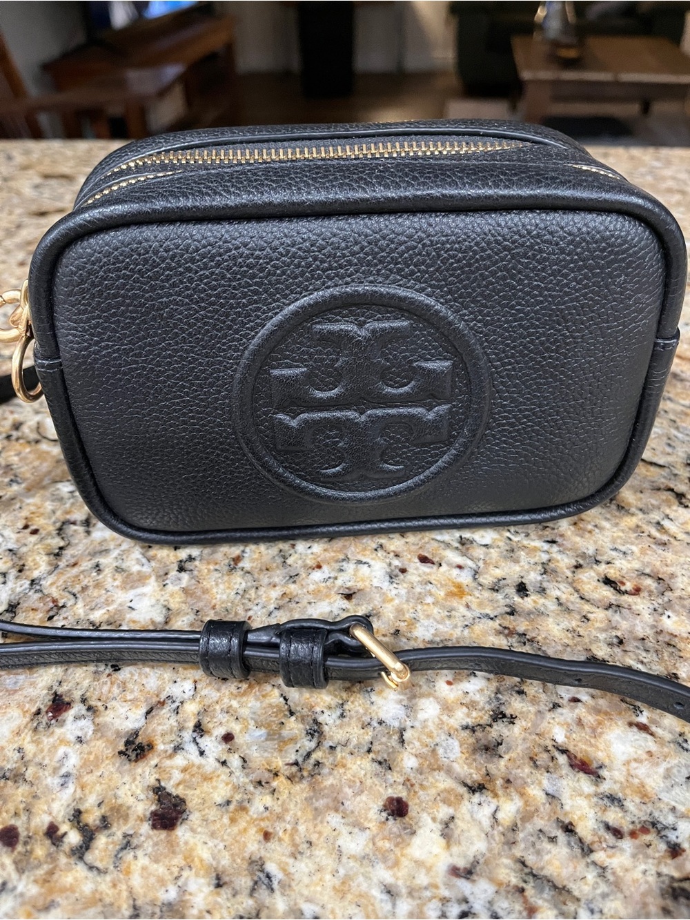 Tory Burch Mini Miller Black Pebbled Leather Crossbody Bag.